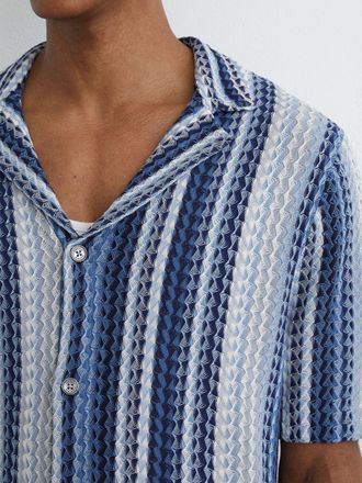 Reiss Soft Blue Stripe-knit Cuban-collar Shirt, Xxl