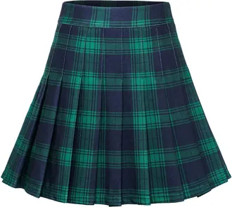 Dressystar Women Plaid Pleated Skirt Schoolgirl Basic Check Tartan Mini Pleated Skirt Green Navy Blue Plaid XXL