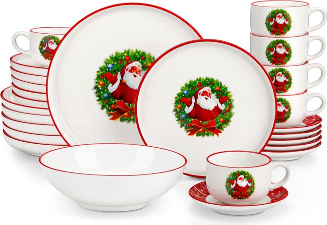 Malacasa 30-teiliges Weihnachtsgeschirr aus Keramik 6 Speiseteller, 6 Dessertteller, 6 Suppenteller, 6 Kaffeetassen, 6 Untertassen, Weihnachtsmann Design, perf ab 79,24 €