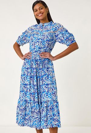 Roman Abstract Print Lace Trim Midi Dress