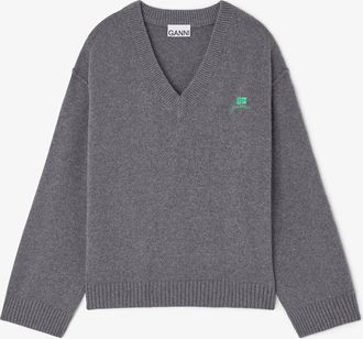 Ganni Grey Wool Mix V-neck Jumper - Size XXS/XS
