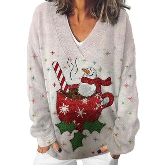 Generic Christmas Jumpers for Ladies, Womens Floral Print Loose Fashion Casual Winter V Neck Knitted Strip Long Sleeve Imitation Sweater Size 14 Navy