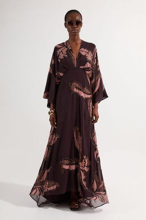 Karen Millen Womens Drama Kimono Sleeve Printed And Beaded Woven Maxi Dress - Chocolate - Size 12 UK