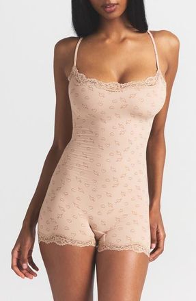 SKIMS Lace Trim Romper in Mica Sketched Hearts at Nordstrom, Size Xx-Small