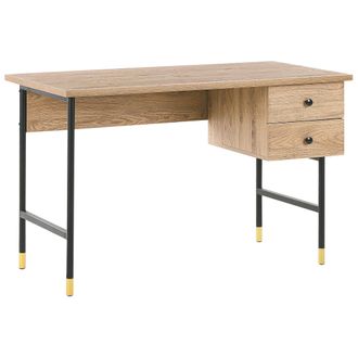 Beliani Escritorio De Madera Clara Tablero De Fibra 2 Cajones Patas De Metal Negro 120 X 60 Cm Oficina En Casa Retro Abilen
