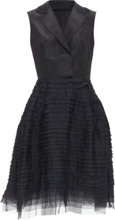 Oscar De La Renta R14 100% silk black peak collar tiered puff dress US4 S