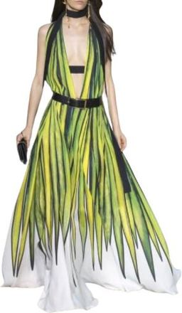Elie Saab RUNWAY Elie Saab Green Patterned Deep Plunge Gown Size XXS