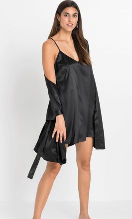 Bonprix Morgenmantel BONPRIX, Damen, Gr. 52/54 (XXL), schwarz, Satin, unifarben, Kurzform, Hausm&auml;ntel Morgenmantel, im Kimono-Stil mit Neglig&eacute;