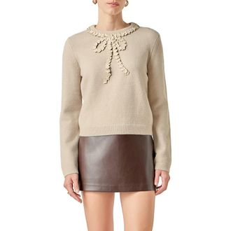 English Factory Floral Appliqu&eacute; Bow Sweater in Oatmeal at Nordstrom, Size X-Small