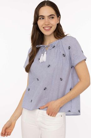 Zwillingsherz Kurzarmbluse ZWILLINGSHERZ Stripe & Stitch, Damen, Gr. L/XL, marine, Obermaterial: 100% Baumwolle, Blusen Kurzarmbluse, Kurzarm, mit Stickerei, Tunnel