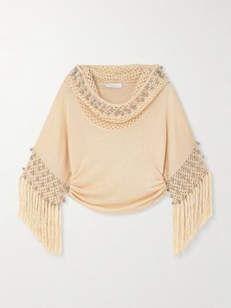 Paco Rabanne Pullover In Maglia E Crochet Con Cappuccio, Frange E Perline - Neutri