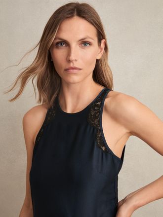 Reiss Womens Navy Blue Lace Trim Drape Dress, Size: 10