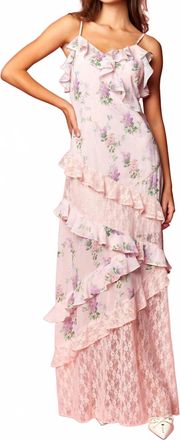 Rawyalty Floral Lace Ruffle Maxi Dress In Pink