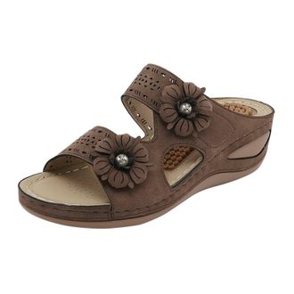 Generic Wedge Sandals For Women Platform Beach Sandals Casual Double Strap Sandal Floral Embellishment Sandal Leather Soft Shoes Non Slip Walking Shoes Wide O