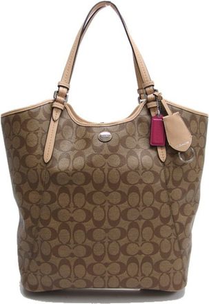 Coach Beige Brown Coated Canvas Leather Shoulder Bag Tote Bag (Pre-Owned)