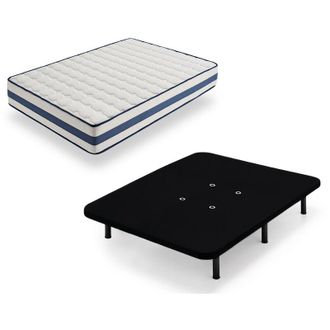 HOGAR 24 Tz40 - Colch&oacute;n Viscoel&aacute;stico + Base Tapizada En Color Negro Con Patas, Medida 150x190 Cm, Nucleo Alta Densidad Transpirable, Lado Verano-invierno Con 