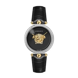 Versace Palazzo Zwart Leren Horloge - Dames - Horloges - Grijs - ONE Size - Accessoires