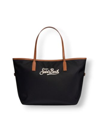 MC2 Saint Barth Rectangular Tote Bag With Contrasting Brown Handles And White Script Logo
