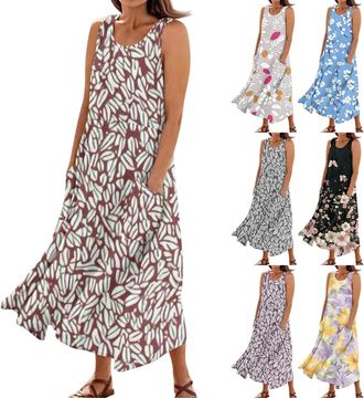 Generic Black Jersey Dresses Casual Flowy Loose Floral Print Crew Neck Sleeveless Dresses Maxi Tank Dress with Pockets Women UK Midi Dress (Red, L)