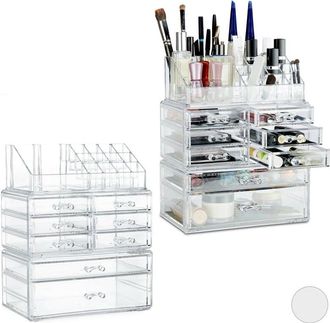 Relaxdays Set of 2 Relaxdays Makeup Organizers with Drawers, Stacking Makeup and Jewellery Box, Acrylic Cosmetic Kit, Clear