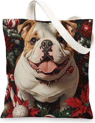 Generic Christmas Bulldog Dog Canvas Tote Bag for Shopping 13x15, Xmas Candy Poinsettia Puppy Reusable Grocery Print Bag for Women Men, Holiday Pet Aesthetic 