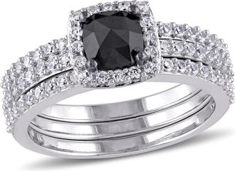 Mimi & Max 3/4ct TW Black Cushion Cut Diamond Created White Sapphire Bridal Set 10k White Gold