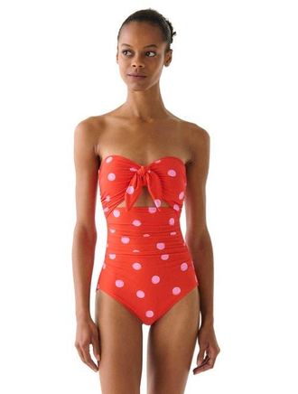 Kate Spade New York Downtown Dot Bandeau One Piece Swimsuit in Goji Berry at Nordstrom, Size X-Large