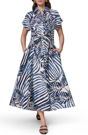 DKNY Tie Waist Short Sleeve Stretch Cotton Midi Shirtdress in Night Fall at Nordstrom, Size X-Small