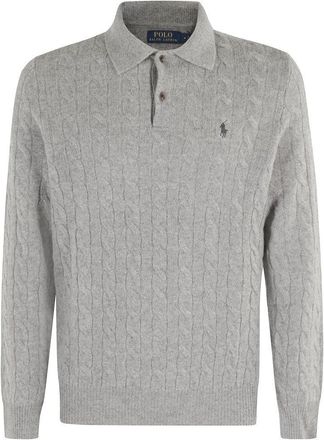 Polo Ralph Lauren Braid-Patterned Heather Grey Long Sleeve Polo Pullover