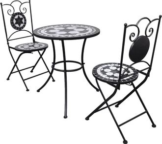 vidaXL Set Mesa Y Sillas Jard&iacute;n 3 Pzas Baldosa Cer&aacute;mica Blanco Y Negro Vidaxl