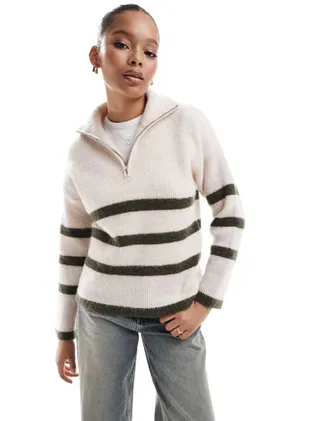 Selected Femme half zip knit merino wool blend stripe sweater in cream with green stripe-White