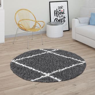 Paco Home Paco Home Alfombra Pelo Largo Sal&oacute;n Shaggy Dise&ntilde;o Rombos Escandinavo, Moderna Gris Oscuro &Oslash; 200 Cm Redondo