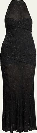 Balmain Glittered Crisscross Semi-Sheer Halter Dress