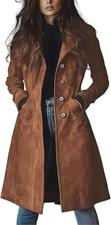 Generic Womens Faux Suede Long Trench Coat Single Breasted Overcoat with Pocket - Perfect for Casual Daily/Office/Weekend Outings (Dark Brown,S)