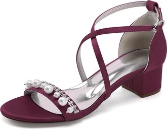 Generic Wedding Bridal Shoes Womens Open Toe Ankle Strap Chunky Heels Sandals Low Bridal Formal Prom Party Dress Shoes 4.5Cm,Burgundy,9 UK