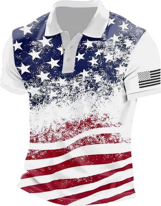 Generic DENGJIAMY 4th of July Golf Shirt Mens American Flag Print Polo Shirts Summer Trendy Collar Tee Short Sleeve Fashion Button V Neck Tops Patriotic Tshir