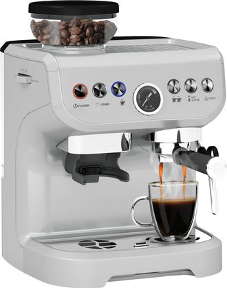 HOMCOM Espresso Machine - Bean Grinder & Steam Wand - 15 Bar Pressure - Silver. | TJ Hughes Silver