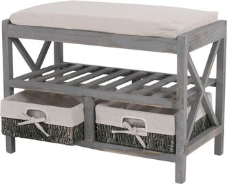 Hhg Hhg - Non Utilizzato] Panca Cassettiera Shabby Vintage Con 2 Ceste E Ripiano 352 Legno Di Paulonia Grigio