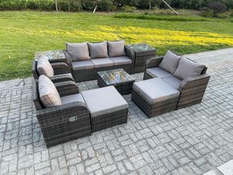 Fimous Rattan Garden Furniture 9 Piece Patio Set Table Sofa Chairs With 2 Big Footstool 2 Side Tables in Dark Grey