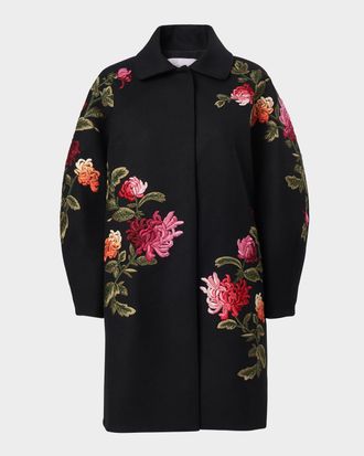 Carolina Herrera Floral-Embroidered Wool Cocoon Coat