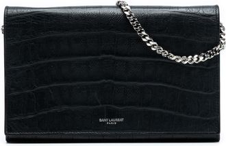 Saint Laurent Pre-owned Womens Croc Embossed Leather Wallet On Chain - Black - One Size