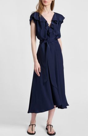Santorelli Mandy Ruffled Faux Wrap Silk Midi Dress in Midnight at Nordstrom, Size 12