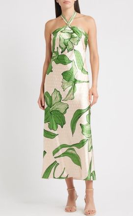 Ciebon Runie Floral Satin Halter Dress in Cream/Green at Nordstrom, Size X-Large