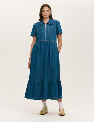 Finery Tania Denim Midi Shirt Dress in Mid Blue at Nordstrom, Size 12