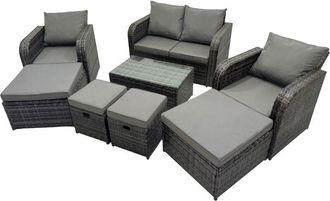 Fimous Outdoor Love Sofa Reclining Chair Coffee Table Set Garden Rattan Furniture Set 8 Seater with 4 Stools Dark Grey - Fimous
