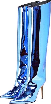 Generic Women High Heel Patent Leather Knee-High Boots Pointed Toe Reflective Design Boots