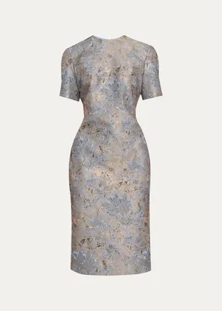 Prabal Gurung Short-Sleeve Metallic Floral Jacquard Sheath Dress