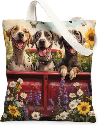 Generic Spring Bulldog Dog Canvas Tote Bag for Shopping 13x15, Truck Garden Daisy Scenic Puppy Reusable Grocery Print Bag for Women, Pet Beach Aesthetic Paint