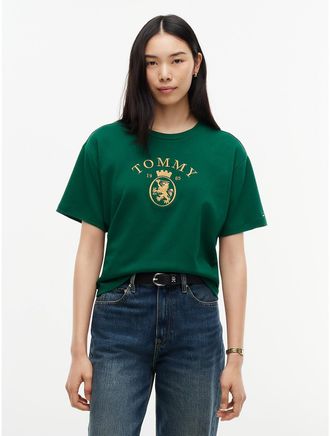 Tommy Hilfiger Womens Metallic Crest Logo Interlock T-Shirt - Dark Emerald - XXL
