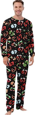 Generic 67 Meme Pyjamas Set Mens Pyjamas Sets Long Sleeve Pjs Set Soft Loungwear Print Top and Comfy Pant Outfit Christmas Pjs For Adults (Black, XXL)